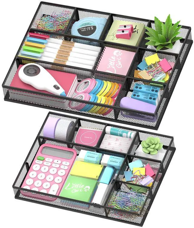 Main image of 2 Pack Mesh Drawer Organizer, Metal Desk Drawer Organizer Tray with 8 Adjustable Compartments, Desk Organizers and Accessories for Office Supplies, Kitchen, Makeup & Vanity (Black)