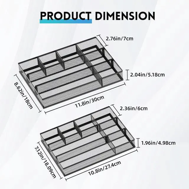 Alt view image 4 of 7 - 2 Pack Mesh Drawer Organizer, Metal Desk Drawer Organizer Tray with 8 Adjustable Compartments, Desk Organizers and Accessories for Office Supplies, Kitchen, Makeup & Vanity (Black)