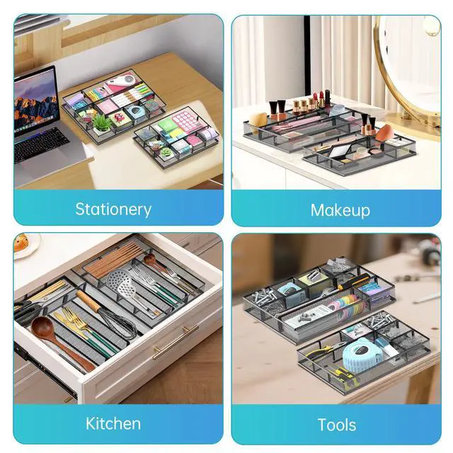 Alt view image 6 of 7 - 2 Pack Mesh Drawer Organizer, Metal Desk Drawer Organizer Tray with 8 Adjustable Compartments, Desk Organizers and Accessories for Office Supplies, Kitchen, Makeup & Vanity (Black)
