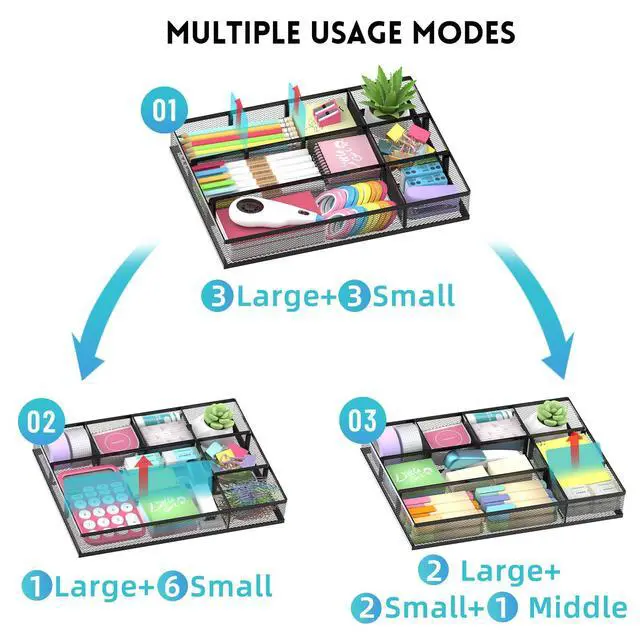 Alt view image 5 of 7 - 2 Pack Mesh Drawer Organizer, Metal Desk Drawer Organizer Tray with 8 Adjustable Compartments, Desk Organizers and Accessories for Office Supplies, Kitchen, Makeup & Vanity (Black)