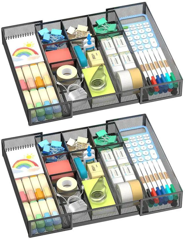 Main image of 2 Pack Expandable Desk Drawer Organizer Tray with 10 Adjustable Compartments Metal Mesh Office Drawer Organizer for Home, School Supplies, Makeup Vanity & Jewelry (Black)