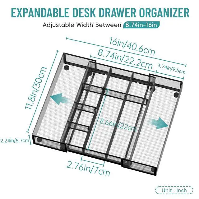 Alt view image 2 of 7 - 2 Pack Expandable Desk Drawer Organizer Tray with 10 Adjustable Compartments Metal Mesh Office Drawer Organizer for Home, School Supplies, Makeup Vanity & Jewelry (Black)