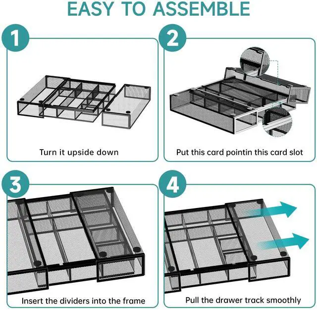 Alt view image 3 of 7 - 2 Pack Expandable Desk Drawer Organizer Tray with 10 Adjustable Compartments Metal Mesh Office Drawer Organizer for Home, School Supplies, Makeup Vanity & Jewelry (Black)