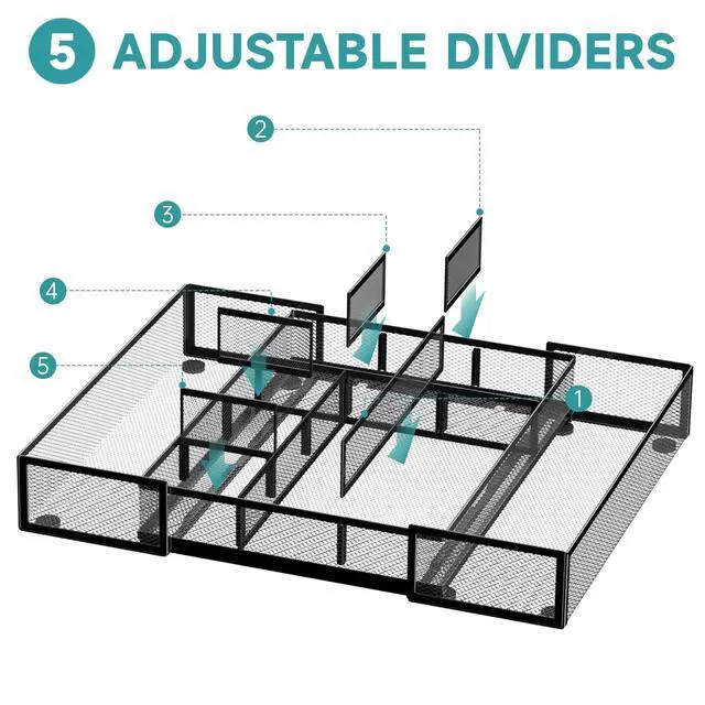 Alt view image 4 of 7 - 2 Pack Expandable Desk Drawer Organizer Tray with 10 Adjustable Compartments Metal Mesh Office Drawer Organizer for Home, School Supplies, Makeup Vanity & Jewelry (Black)