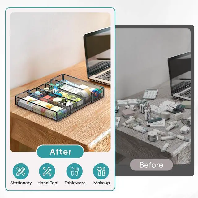 Alt view image 5 of 7 - 2 Pack Expandable Desk Drawer Organizer Tray with 10 Adjustable Compartments Metal Mesh Office Drawer Organizer for Home, School Supplies, Makeup Vanity & Jewelry (Black)