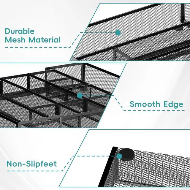 Alt view image 6 of 7 - 2 Pack Expandable Desk Drawer Organizer Tray with 10 Adjustable Compartments Metal Mesh Office Drawer Organizer for Home, School Supplies, Makeup Vanity & Jewelry (Black)
