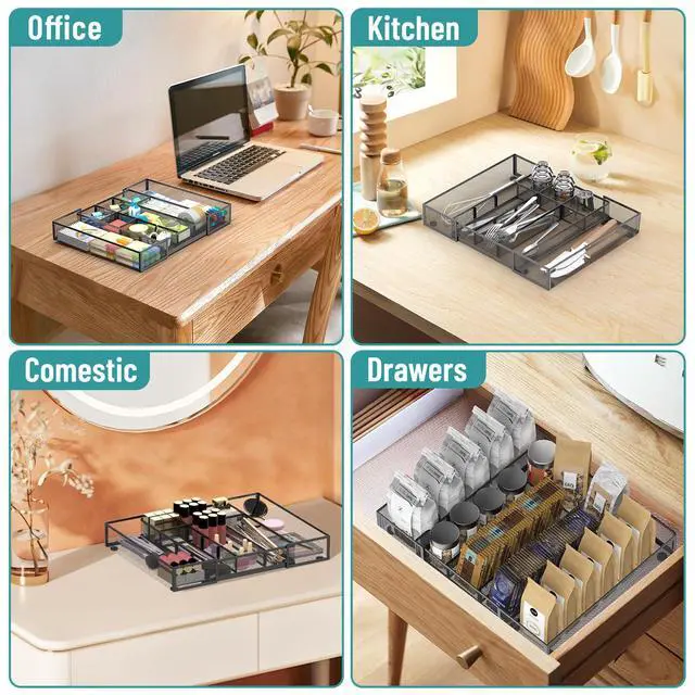 Alt view image 7 of 7 - 2 Pack Expandable Desk Drawer Organizer Tray with 10 Adjustable Compartments Metal Mesh Office Drawer Organizer for Home, School Supplies, Makeup Vanity & Jewelry (Black)