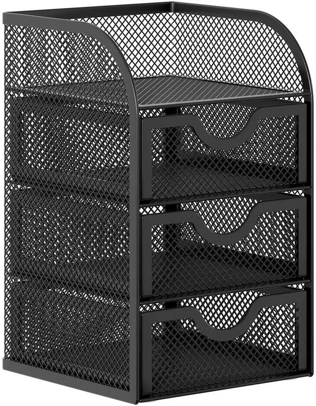 Alt view image 2 of 7 - Mesh Desk Organizer with 3 Drawer Office Desktop Organizers and Accessories Stationery Caddy for Office, Home, Students, Black