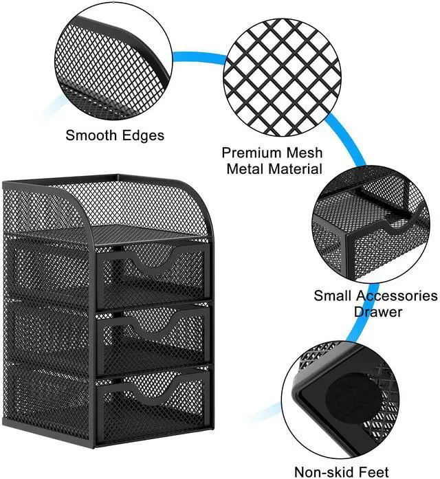 Alt view image 3 of 7 - Mesh Desk Organizer with 3 Drawer Office Desktop Organizers and Accessories Stationery Caddy for Office, Home, Students, Black