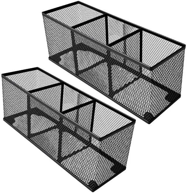 Main image of 2-Pack Metal Mesh Pencil Holder, Spacious 3-Compartment Desk Organizer for Pens, Makeup Brushes, Utensils, Desktop Storage for Home, Office, School, Kitchen, 10.43x3.35x4.04 Inch, Black