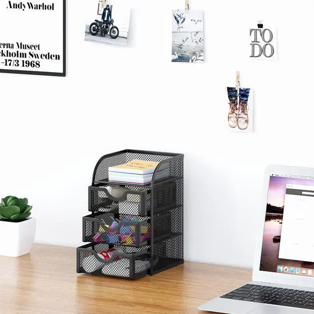 Alt view image 5 of 7 - Mesh Desk Organizer with 3 Drawer Office Desktop Organizers and Accessories Stationery Caddy for Office, Home, Students, Black