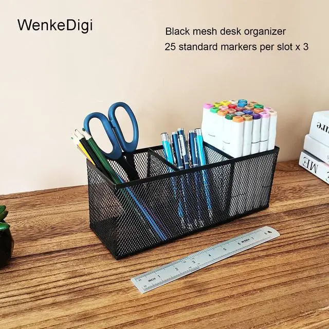 Alt view image 2 of 7 - 2-Pack Metal Mesh Pencil Holder, Spacious 3-Compartment Desk Organizer for Pens, Makeup Brushes, Utensils, Desktop Storage for Home, Office, School, Kitchen, 10.43x3.35x4.04 Inch, Black