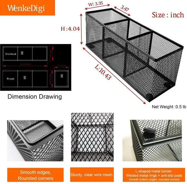 Alt view image 3 of 7 - 2-Pack Metal Mesh Pencil Holder, Spacious 3-Compartment Desk Organizer for Pens, Makeup Brushes, Utensils, Desktop Storage for Home, Office, School, Kitchen, 10.43x3.35x4.04 Inch, Black