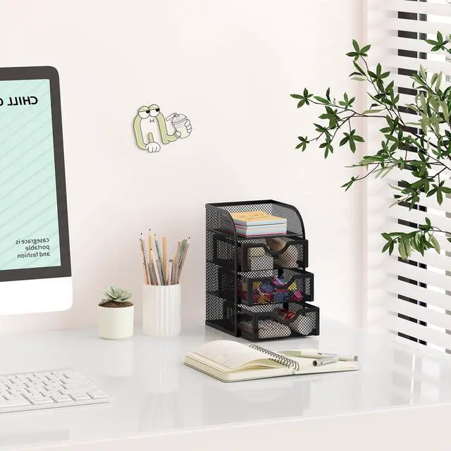 Alt view image 6 of 7 - Mesh Desk Organizer with 3 Drawer Office Desktop Organizers and Accessories Stationery Caddy for Office, Home, Students, Black