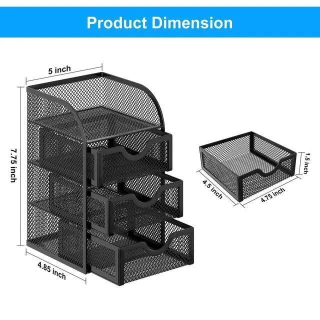 Alt view image 7 of 7 - Mesh Desk Organizer with 3 Drawer Office Desktop Organizers and Accessories Stationery Caddy for Office, Home, Students, Black