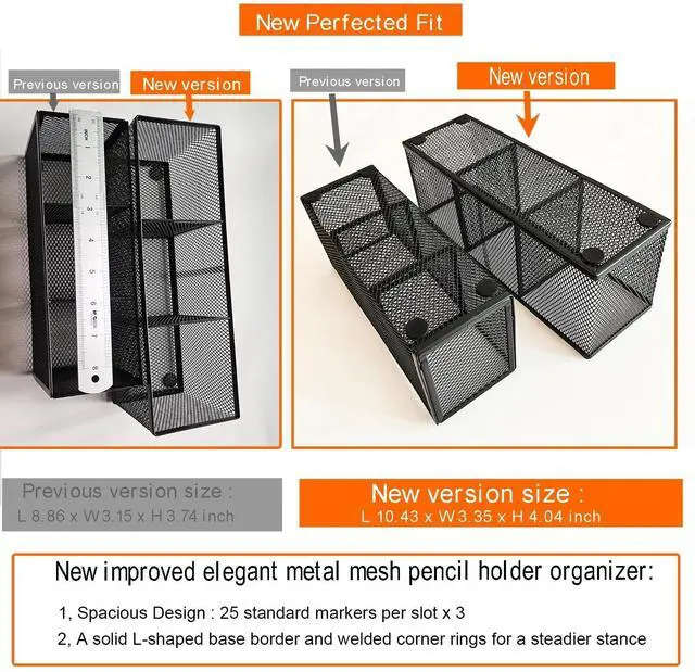 Alt view image 4 of 7 - 2-Pack Metal Mesh Pencil Holder, Spacious 3-Compartment Desk Organizer for Pens, Makeup Brushes, Utensils, Desktop Storage for Home, Office, School, Kitchen, 10.43x3.35x4.04 Inch, Black