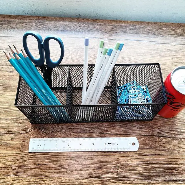Alt view image 5 of 7 - 2-Pack Metal Mesh Pencil Holder, Spacious 3-Compartment Desk Organizer for Pens, Makeup Brushes, Utensils, Desktop Storage for Home, Office, School, Kitchen, 10.43x3.35x4.04 Inch, Black