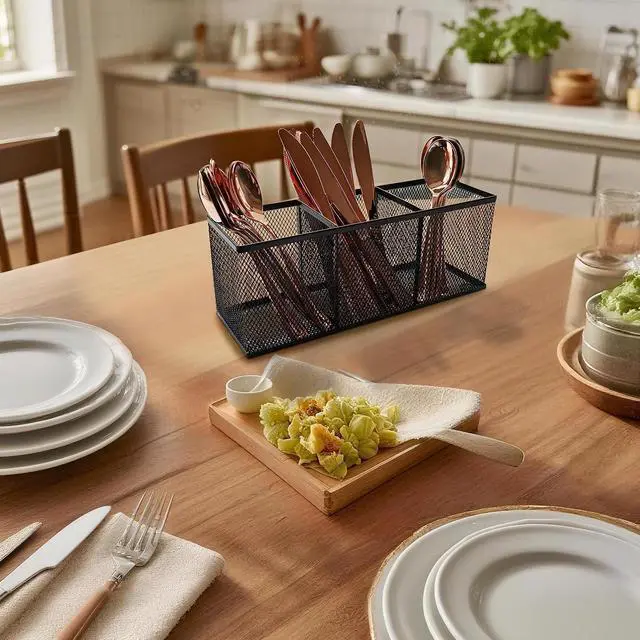 Alt view image 6 of 7 - 2-Pack Metal Mesh Pencil Holder, Spacious 3-Compartment Desk Organizer for Pens, Makeup Brushes, Utensils, Desktop Storage for Home, Office, School, Kitchen, 10.43x3.35x4.04 Inch, Black