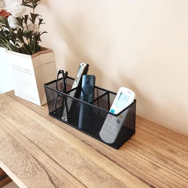 Alt view image 7 of 7 - 2-Pack Metal Mesh Pencil Holder, Spacious 3-Compartment Desk Organizer for Pens, Makeup Brushes, Utensils, Desktop Storage for Home, Office, School, Kitchen, 10.43x3.35x4.04 Inch, Black