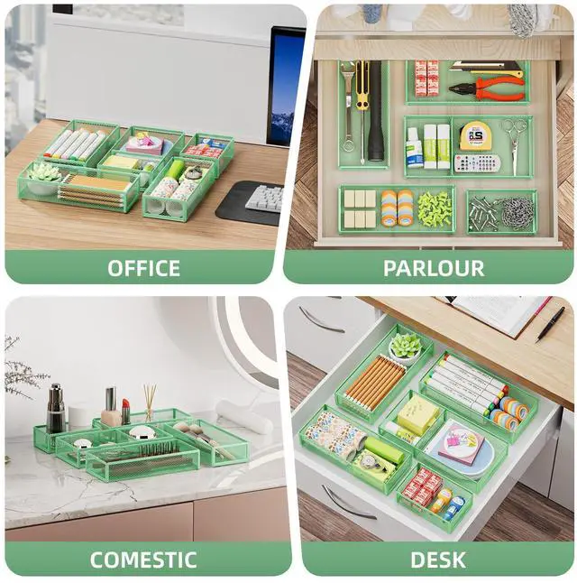 Alt view image 3 of 7 - 5 Pack Desk Drawer Organizer Set, Mesh Drawer Storage Trays with 1 Adjustable Divider, Desk Organizers and Accessories, 5 PCS Drawer for Office Supplies, Makeup & Vanity (Green)