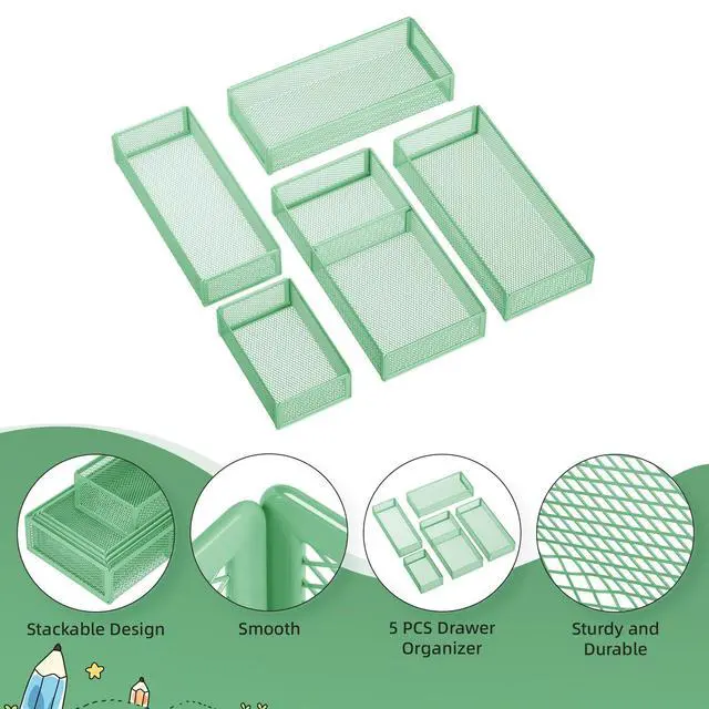 Alt view image 5 of 7 - 5 Pack Desk Drawer Organizer Set, Mesh Drawer Storage Trays with 1 Adjustable Divider, Desk Organizers and Accessories, 5 PCS Drawer for Office Supplies, Makeup & Vanity (Green)