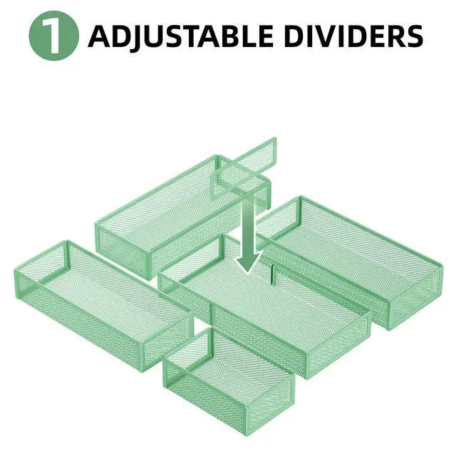 Alt view image 4 of 7 - 5 Pack Desk Drawer Organizer Set, Mesh Drawer Storage Trays with 1 Adjustable Divider, Desk Organizers and Accessories, 5 PCS Drawer for Office Supplies, Makeup & Vanity (Green)