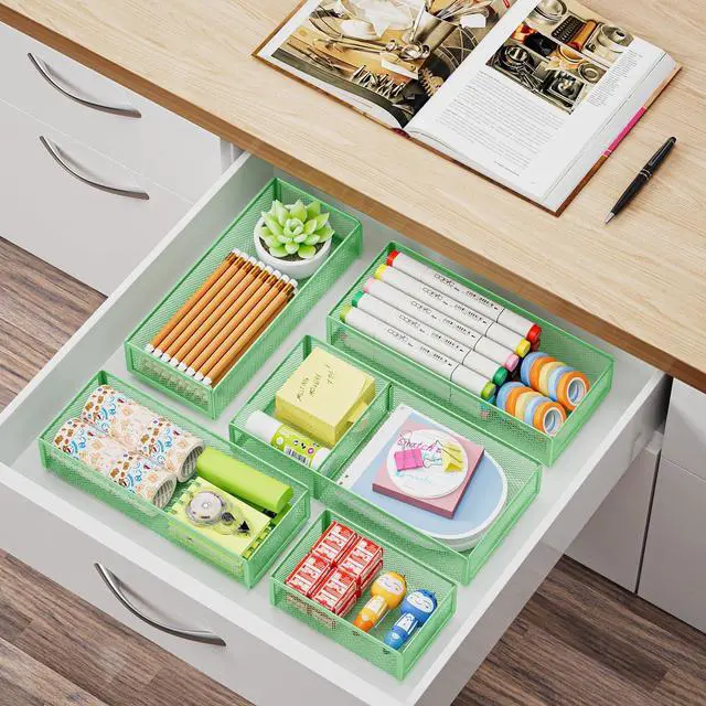 Alt view image 6 of 7 - 5 Pack Desk Drawer Organizer Set, Mesh Drawer Storage Trays with 1 Adjustable Divider, Desk Organizers and Accessories, 5 PCS Drawer for Office Supplies, Makeup & Vanity (Green)