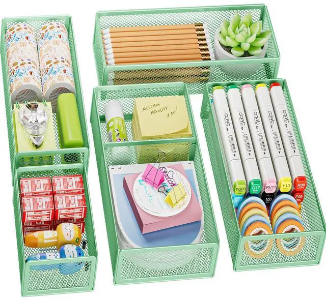 Main image of 5 Pack Desk Drawer Organizer Set, Mesh Drawer Storage Trays with 1 Adjustable Divider, Desk Organizers and Accessories, 5 PCS Drawer for Office Supplies, Makeup & Vanity (Green)