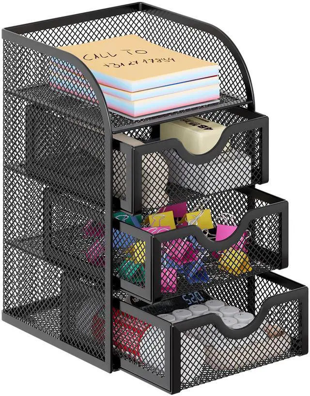 Main image of Mesh Desk Organizer with 3 Drawer Office Desktop Organizers and Accessories Stationery Caddy for Office, Home, Students, Black