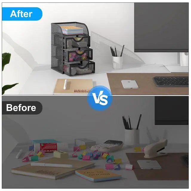 Alt view image 4 of 7 - Mesh Desk Organizer with 3 Drawer Office Desktop Organizers and Accessories Stationery Caddy for Office, Home, Students, Black