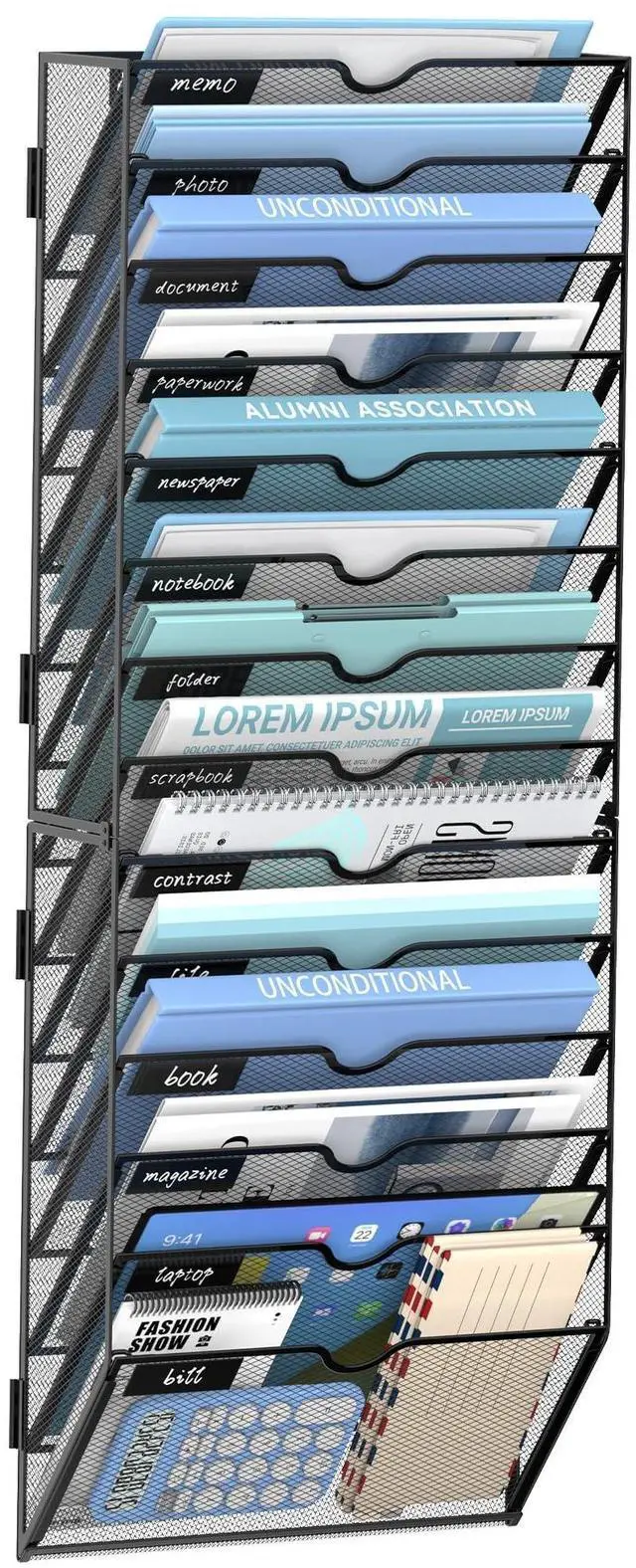 Main image of 14 Tier Wall Hanging File Organizer, Paper Folder Holder Wall Mounted, Metal Mail Sorter for Office Home School, Black