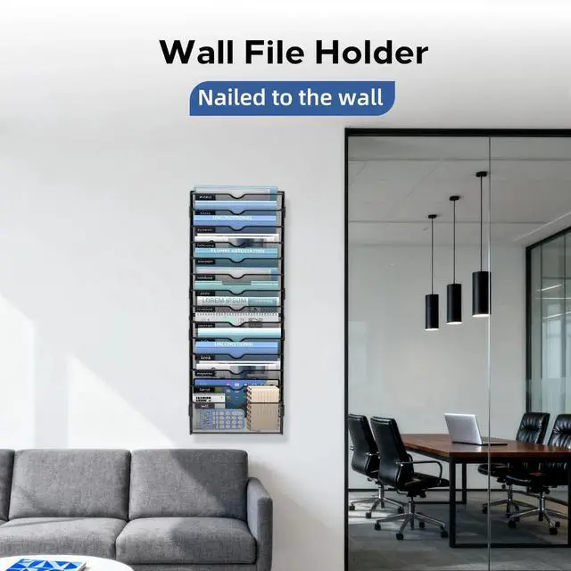 Alt view image 5 of 7 - 14 Tier Wall Hanging File Organizer, Paper Folder Holder Wall Mounted, Metal Mail Sorter for Office Home School, Black
