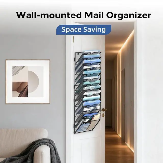 Alt view image 6 of 7 - 14 Tier Wall Hanging File Organizer, Paper Folder Holder Wall Mounted, Metal Mail Sorter for Office Home School, Black