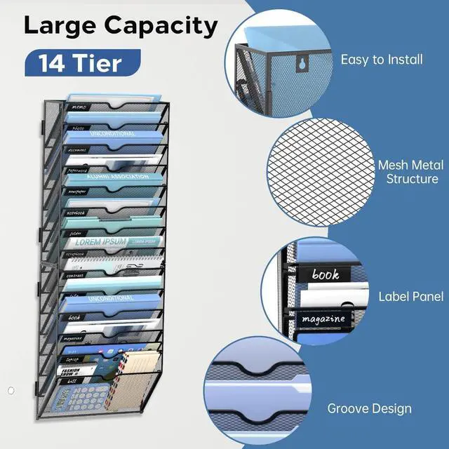 Alt view image 4 of 7 - 14 Tier Wall Hanging File Organizer, Paper Folder Holder Wall Mounted, Metal Mail Sorter for Office Home School, Black