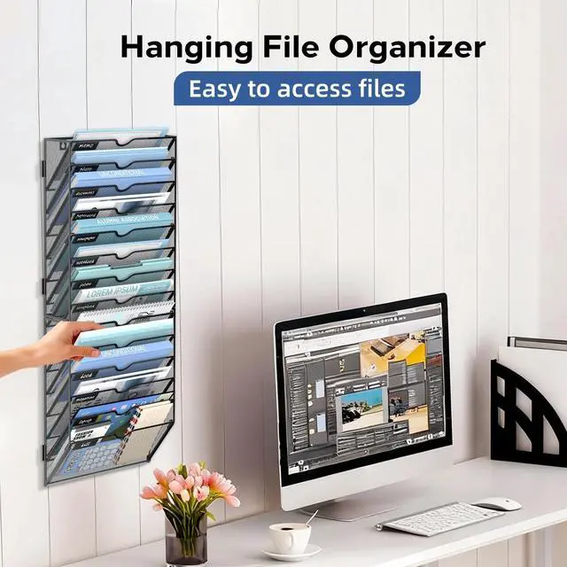 Alt view image 7 of 7 - 14 Tier Wall Hanging File Organizer, Paper Folder Holder Wall Mounted, Metal Mail Sorter for Office Home School, Black