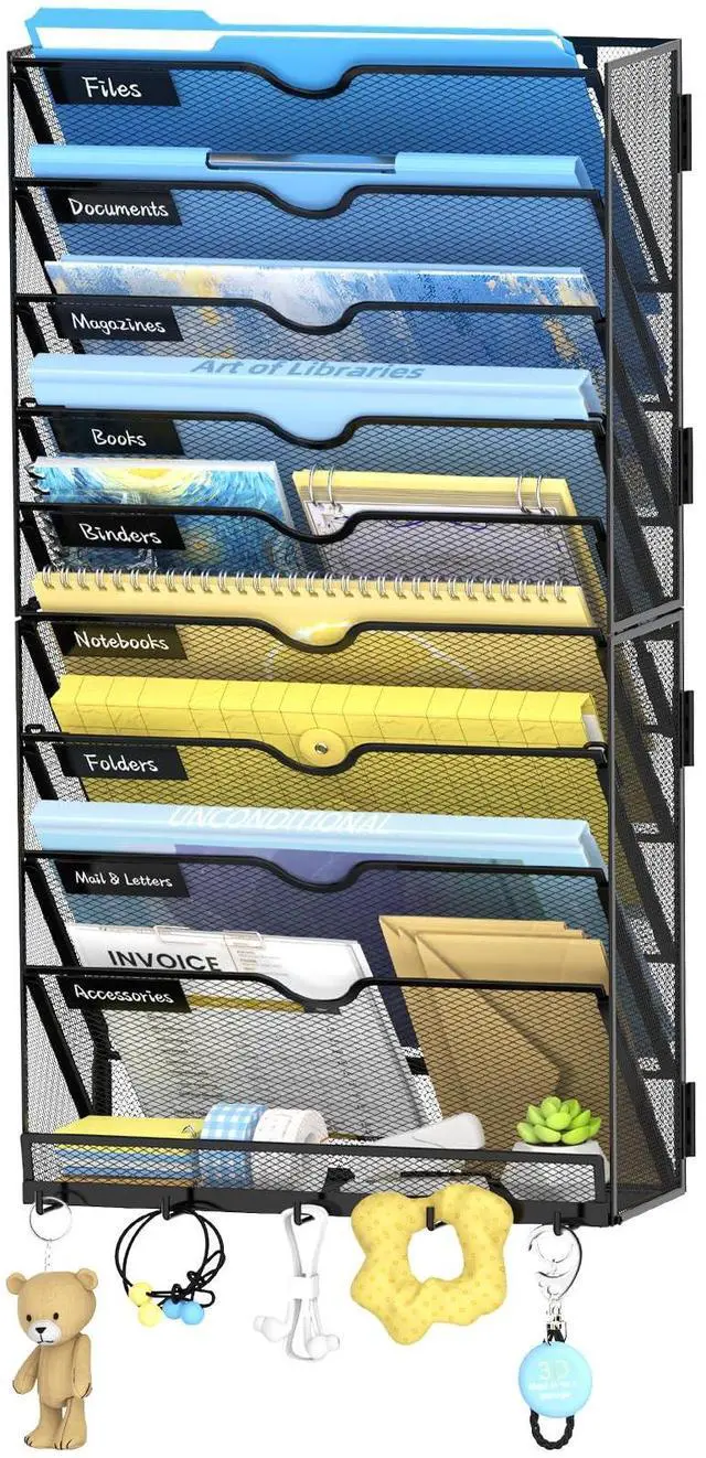 Main image of 10 Tier Wall File Organizer with Hooks, Large Capacity Metal Mesh Hanging File Organizer, Wall Mounted Mail & Document Organizer for Home, Classroom, Office Organization, Black