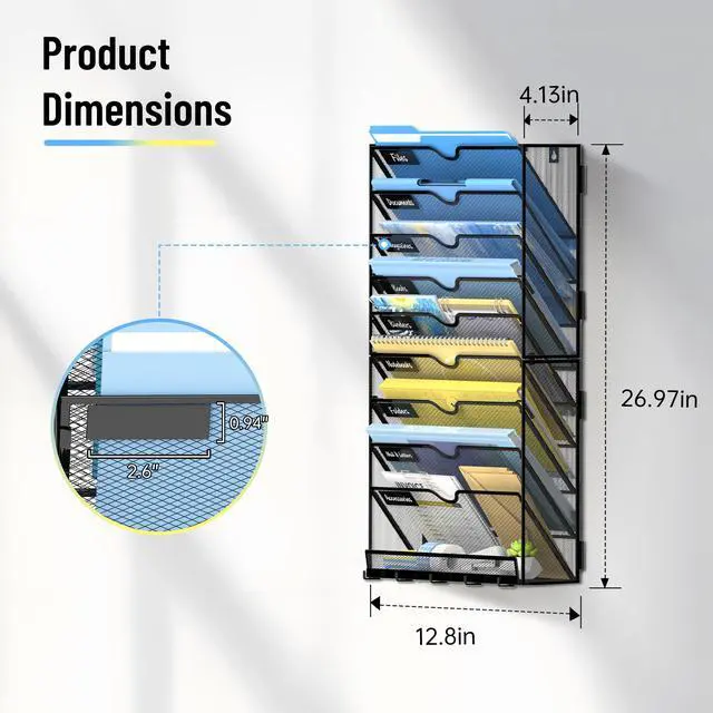 Alt view image 2 of 7 - 10 Tier Wall File Organizer with Hooks, Large Capacity Metal Mesh Hanging File Organizer, Wall Mounted Mail & Document Organizer for Home, Classroom, Office Organization, Black