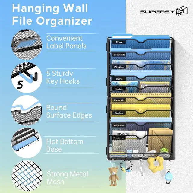 Alt view image 3 of 7 - 10 Tier Wall File Organizer with Hooks, Large Capacity Metal Mesh Hanging File Organizer, Wall Mounted Mail & Document Organizer for Home, Classroom, Office Organization, Black