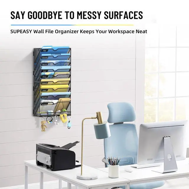 Alt view image 4 of 7 - 10 Tier Wall File Organizer with Hooks, Large Capacity Metal Mesh Hanging File Organizer, Wall Mounted Mail & Document Organizer for Home, Classroom, Office Organization, Black