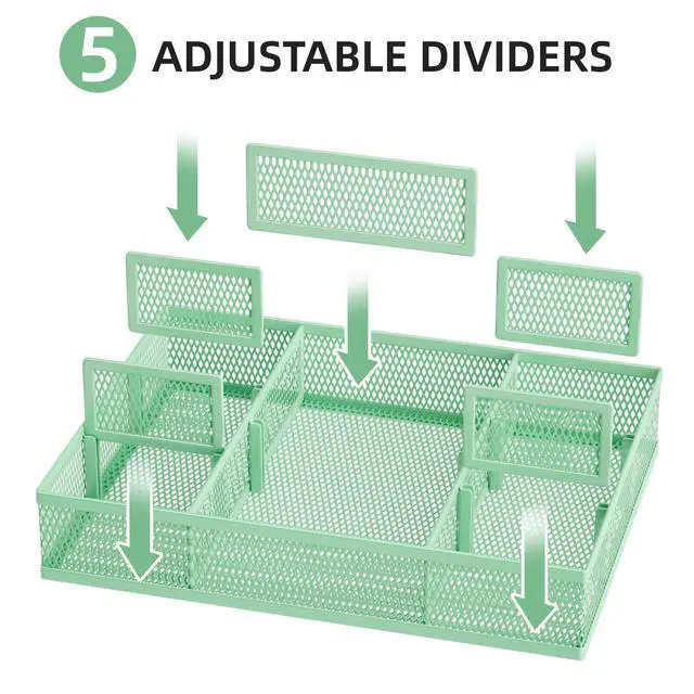 Alt view image 2 of 7 - 2 Pack Desk Drawer Organizer, Mesh Drawer Organizer Tray with 8 Adjustable Compartments, Desk Organizers and Accessories, 5 Dividers Drawer for Office Supplies, Makeup & Vanity (Green)
