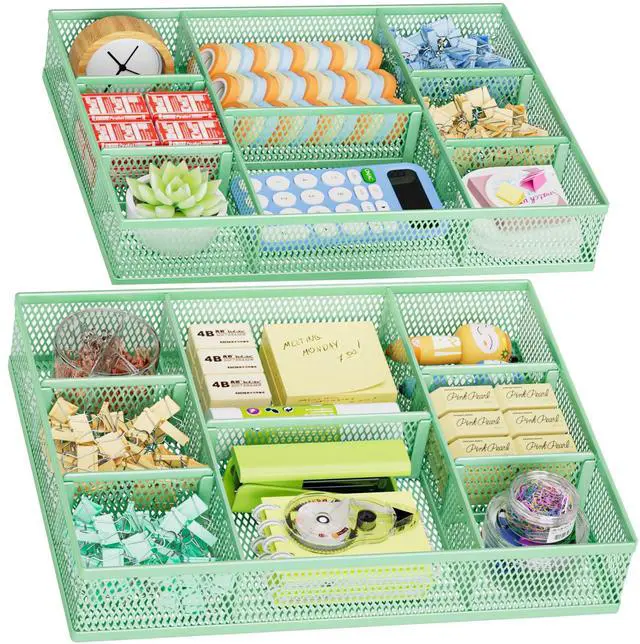 Main image of 2 Pack Desk Drawer Organizer, Mesh Drawer Organizer Tray with 8 Adjustable Compartments, Desk Organizers and Accessories, 5 Dividers Drawer for Office Supplies, Makeup & Vanity (Green)