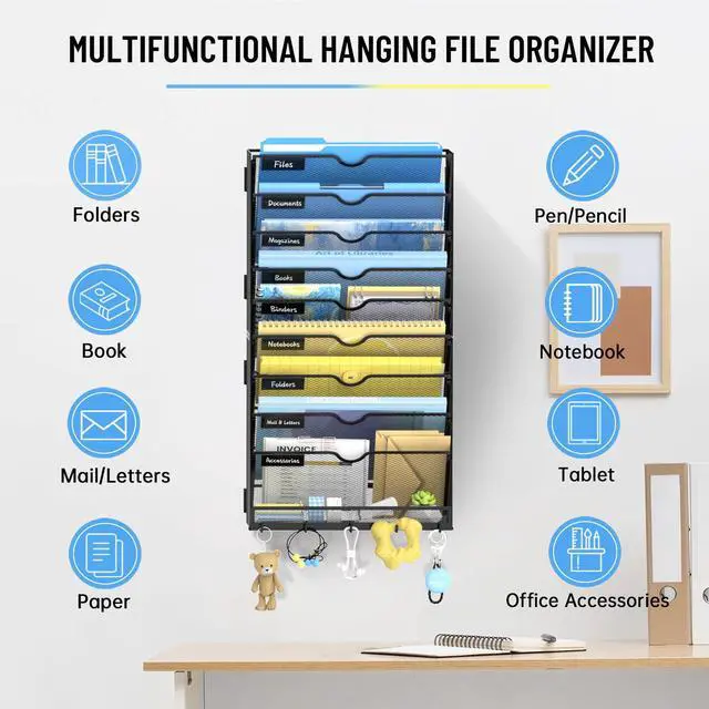 Alt view image 5 of 7 - 10 Tier Wall File Organizer with Hooks, Large Capacity Metal Mesh Hanging File Organizer, Wall Mounted Mail & Document Organizer for Home, Classroom, Office Organization, Black
