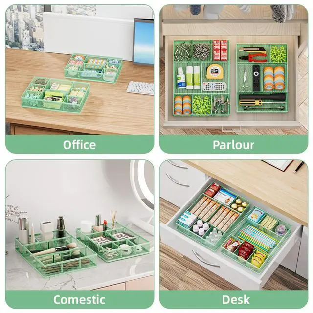 Alt view image 3 of 7 - 2 Pack Desk Drawer Organizer, Mesh Drawer Organizer Tray with 8 Adjustable Compartments, Desk Organizers and Accessories, 5 Dividers Drawer for Office Supplies, Makeup & Vanity (Green)