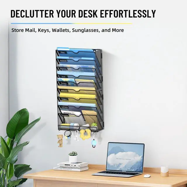 Alt view image 6 of 7 - 10 Tier Wall File Organizer with Hooks, Large Capacity Metal Mesh Hanging File Organizer, Wall Mounted Mail & Document Organizer for Home, Classroom, Office Organization, Black