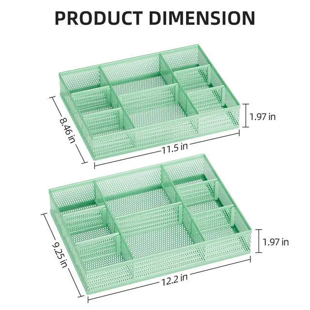 Alt view image 5 of 7 - 2 Pack Desk Drawer Organizer, Mesh Drawer Organizer Tray with 8 Adjustable Compartments, Desk Organizers and Accessories, 5 Dividers Drawer for Office Supplies, Makeup & Vanity (Green)
