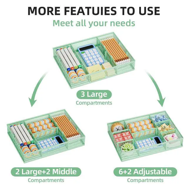 Alt view image 4 of 7 - 2 Pack Desk Drawer Organizer, Mesh Drawer Organizer Tray with 8 Adjustable Compartments, Desk Organizers and Accessories, 5 Dividers Drawer for Office Supplies, Makeup & Vanity (Green)
