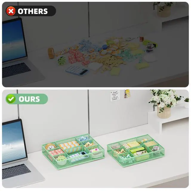 Alt view image 7 of 7 - 2 Pack Desk Drawer Organizer, Mesh Drawer Organizer Tray with 8 Adjustable Compartments, Desk Organizers and Accessories, 5 Dividers Drawer for Office Supplies, Makeup & Vanity (Green)