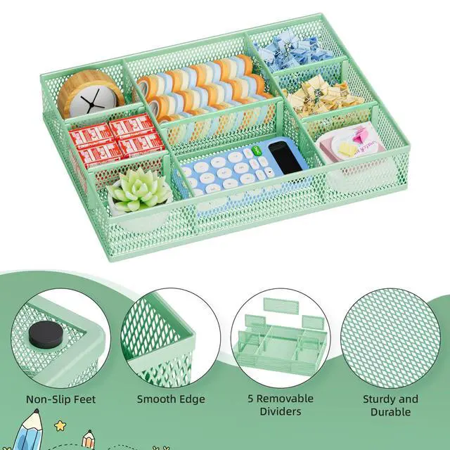 Alt view image 6 of 7 - 2 Pack Desk Drawer Organizer, Mesh Drawer Organizer Tray with 8 Adjustable Compartments, Desk Organizers and Accessories, 5 Dividers Drawer for Office Supplies, Makeup & Vanity (Green)