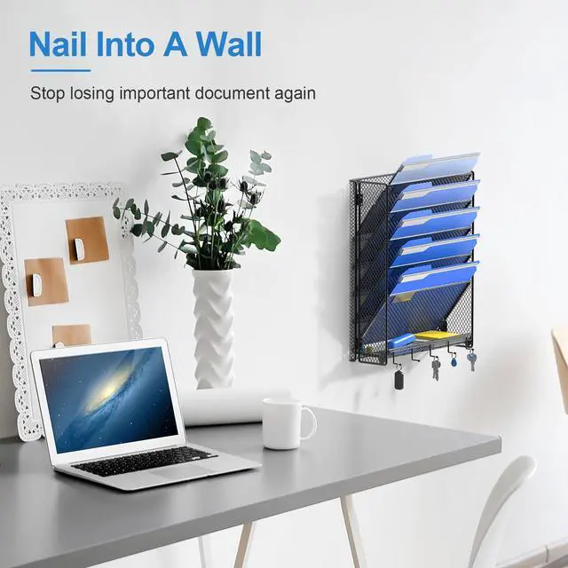 Alt view image 2 of 6 - Hanging Wall File Organizer with Hooks, 6 Tier Vertical Wall Mount File Holder, Paper Document Mail Organizer for Office