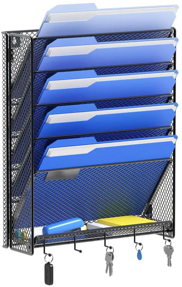 Main image of Hanging Wall File Organizer with Hooks, 6 Tier Vertical Wall Mount File Holder, Paper Document Mail Organizer for Office